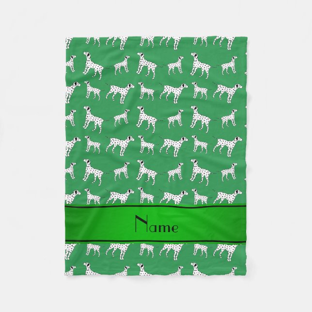 Personalized name green dalmatian dogs fleece blanket (Front)
