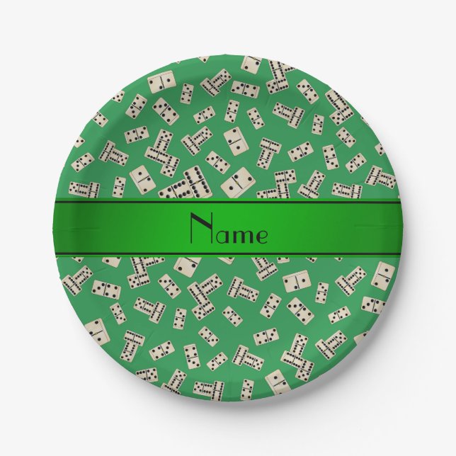 Personalized name green dominos paper plate (Front)