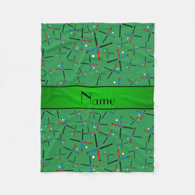Personalized name green field hockey pattern fleece blanket (Front)