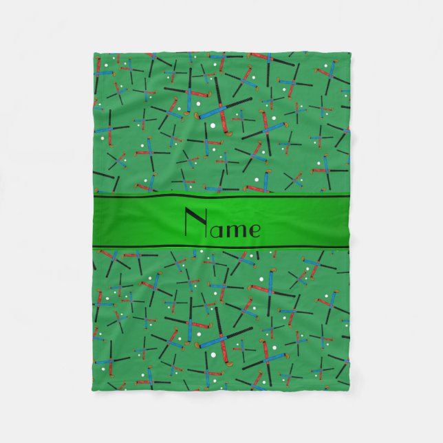Personalized name green field hockey pattern fleece blanket (Front)