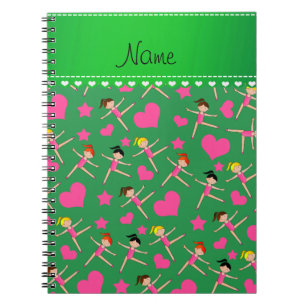 Personalized name green girl gymnasts hearts stars notebook