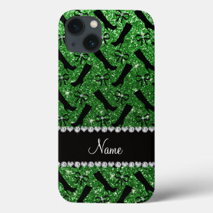 Personalized name green glitter boots bows iPhone 13 case