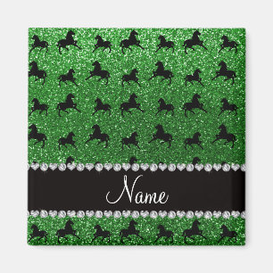 Personalized name green glitter horses magnet