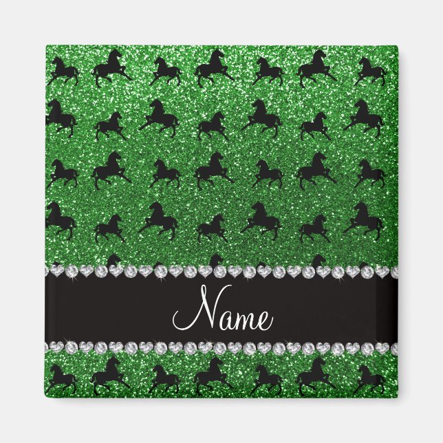 Personalized name green glitter horses magnet (Front)