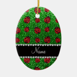 Personalized name green glitter ladybug ceramic ornament