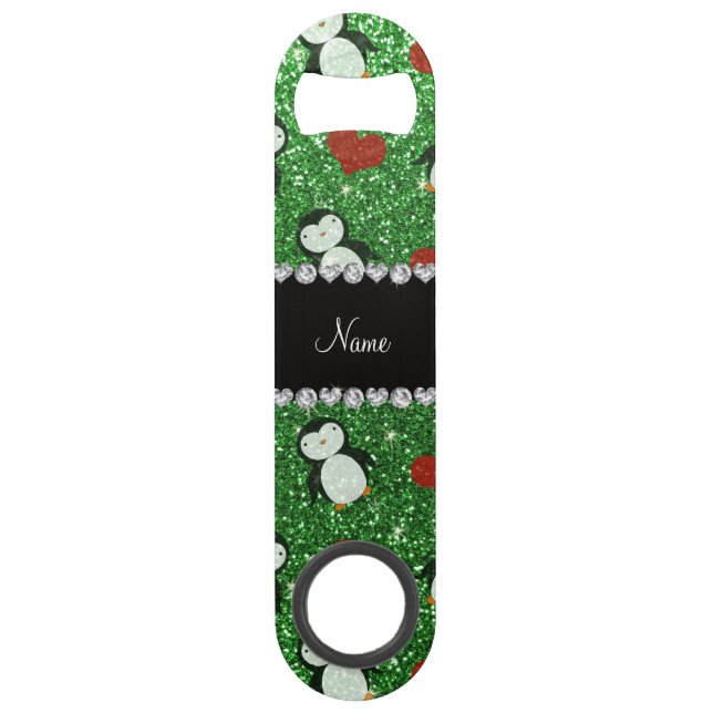 Personalized name green glitter penguins hearts bar key (Front)