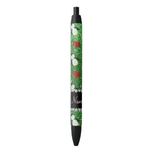 Personalized name green glitter penguins hearts black ink pen