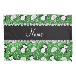 Personalized name green glitter penguins igloos pillowcase