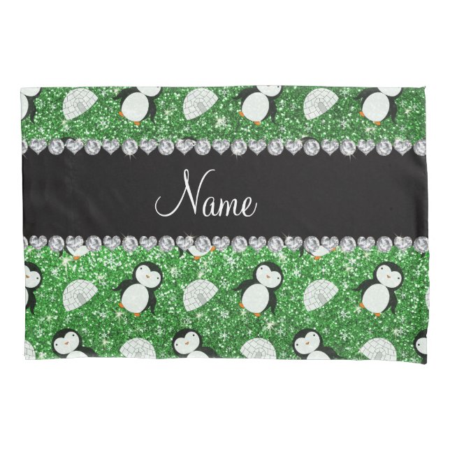 Personalized name green glitter penguins igloos pillowcase (Front)
