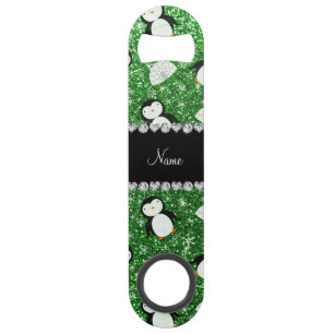 Personalized name green glitter penguins igloos speed bottle opener