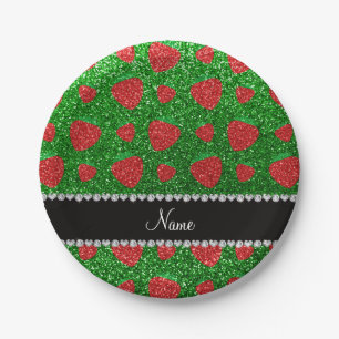 Personalized name green glitter strawberry paper plate