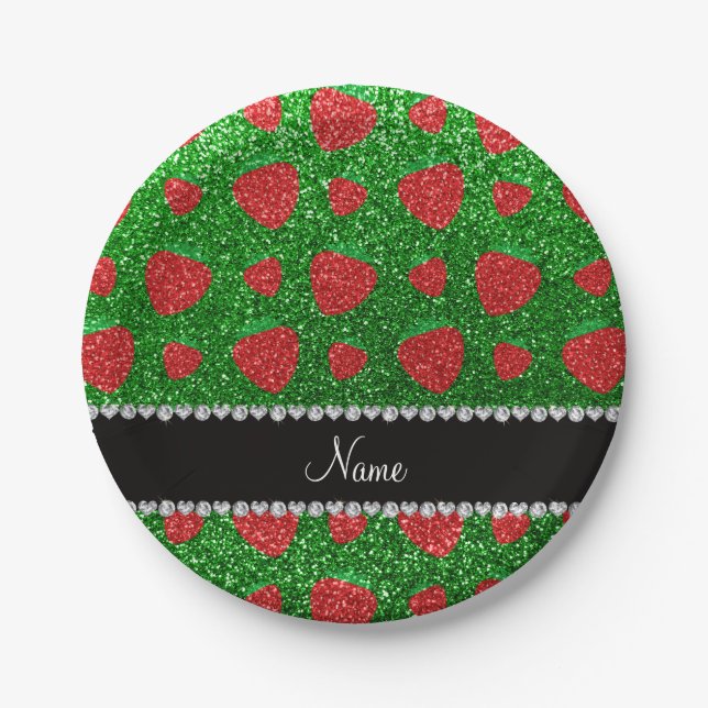 Personalized name green glitter strawberry paper plate (Front)