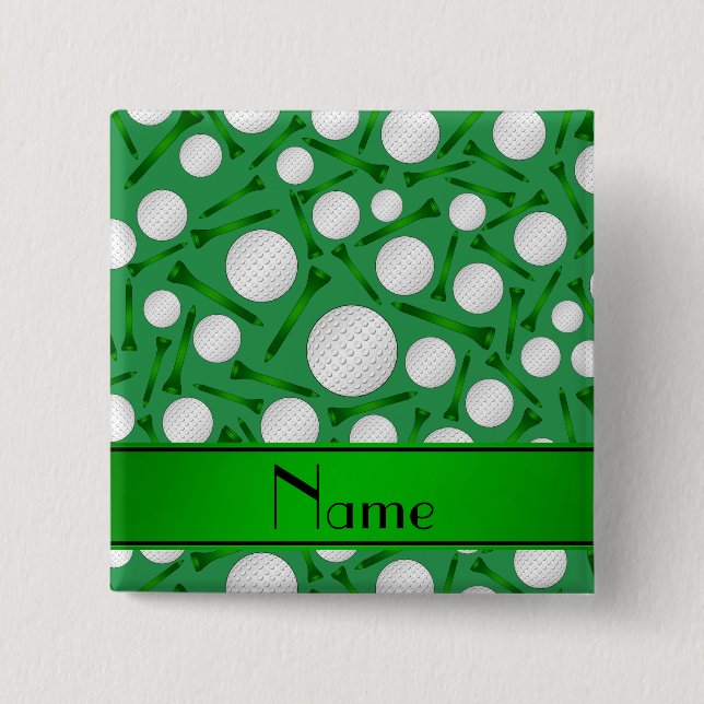 Personalized name green golf balls tees 2 inch square button (Front)