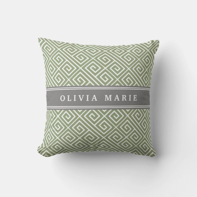 Personalized Name Green Greek Key Pattern Throw Pillow (Front)