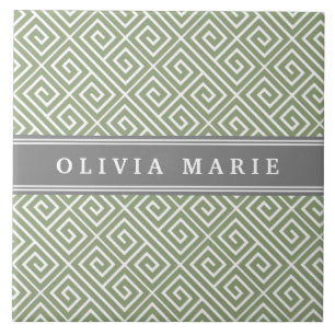 Personalized Name Green Greek Key Pattern Tile