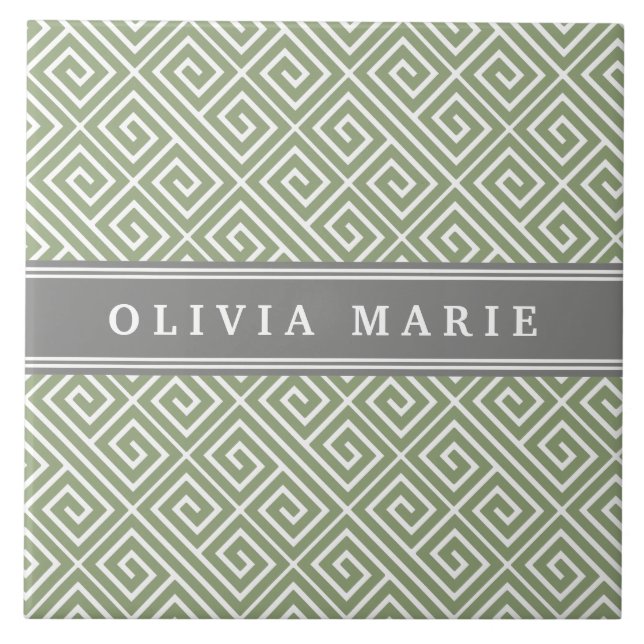 Personalized Name Green Greek Key Pattern Tile (Front)