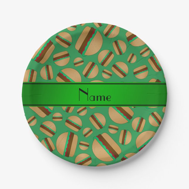 Personalized name green hamburger pattern paper plate (Front)