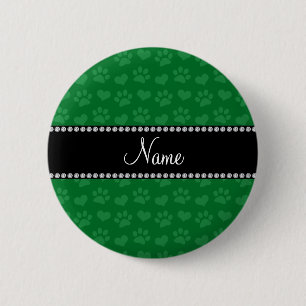 Personalized name green hearts and paw prints 2 inch round button