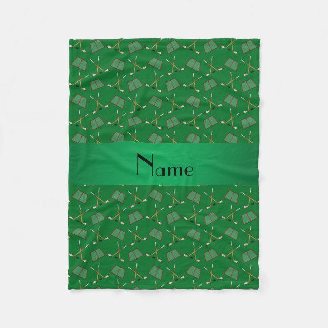 Personalized name green hockey pattern fleece blanket (Front)