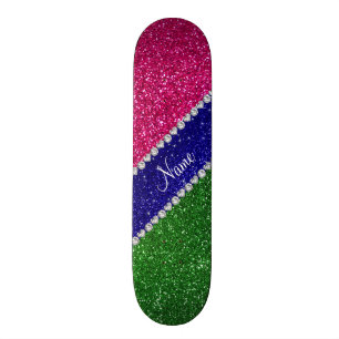 Personalized name green hot pink glitter skateboard