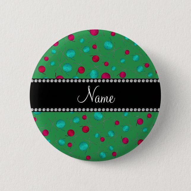 Personalized name green knitting pattern 2 inch round button (Front)