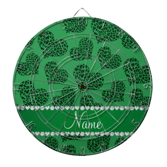 Personalized name green leopard hearts dartboard (Front)
