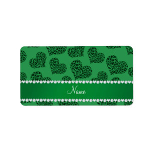 Personalized name green leopard hearts label