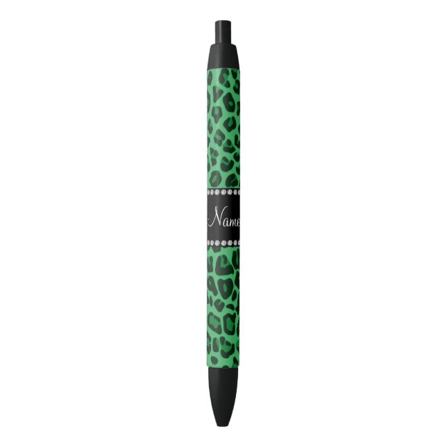 Personalized name green leopard pattern black ink pen (Front Vertical)