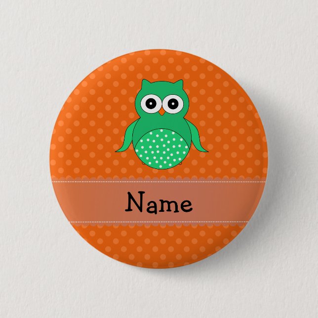 Personalized name green owl orange polka dots 2 inch round button (Front)