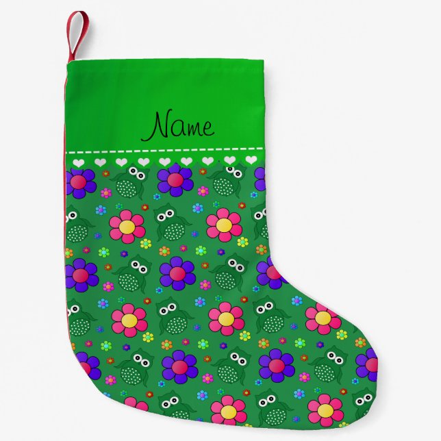 Personalized name green owls flowers pattern small christmas stocking (Front)