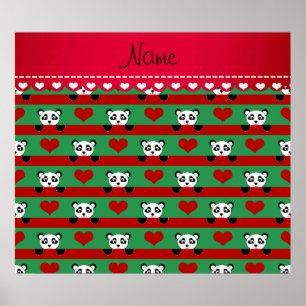 Personalized name green panda red heart stripes poster