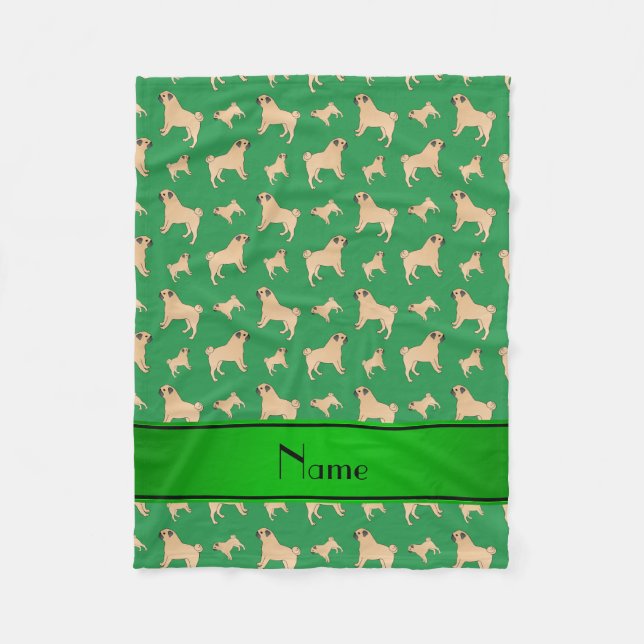 Personalized name green Pug dogs Fleece Blanket (Front)