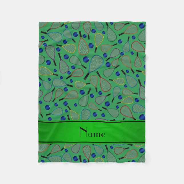 Personalized name green racquetball pattern fleece blanket (Front)