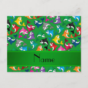 Personalized name green rainbow killer whales postcard