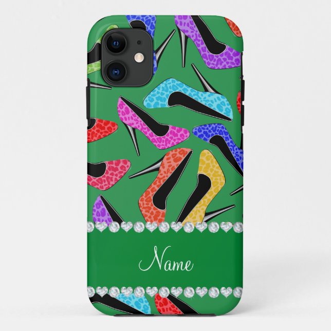 Personalized name green rainbow leopard high heels Case-Mate iPhone case (Back)