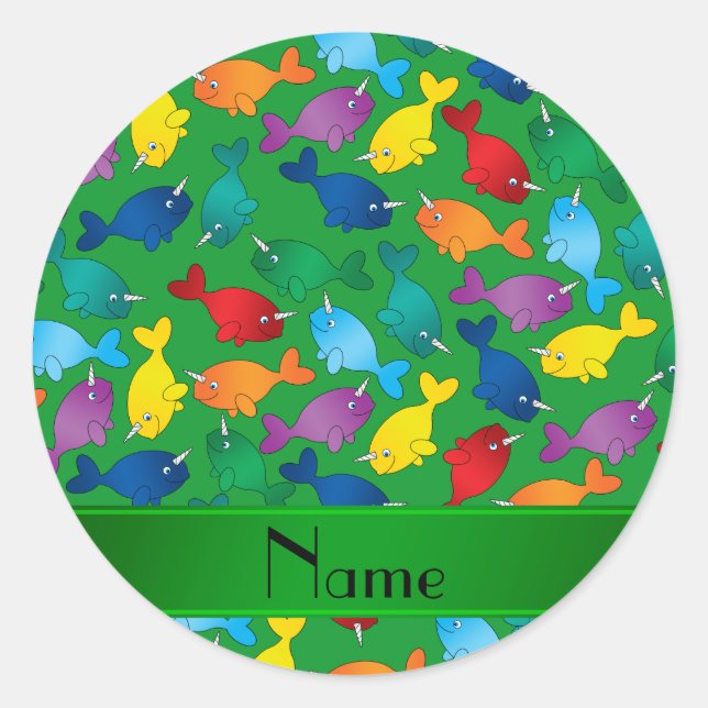 Personalized name green rainbow narwhals classic round sticker (Front)