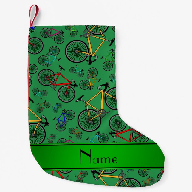 Personalized name green road bikes small christmas stocking (Front)