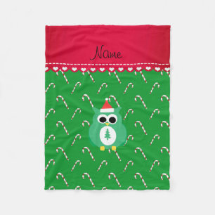 Personalized name green santa owl green candy cane fleece blanket