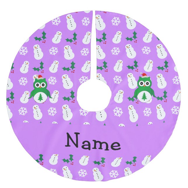 Personalized name green santa owl purple snowmen brushed polyester tree skirt (Front)