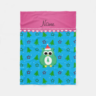 Personalized name green santa owl sky blue trees fleece blanket