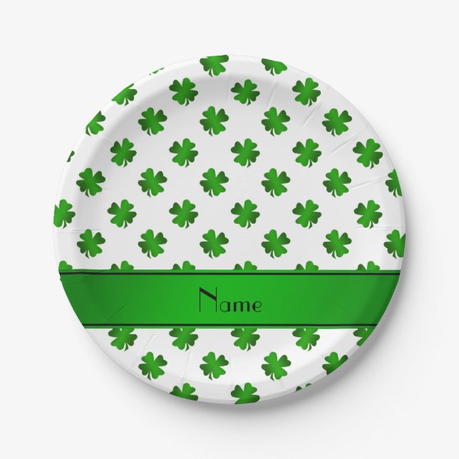 Personalized name green shamrocks green stripe paper plate (Front)