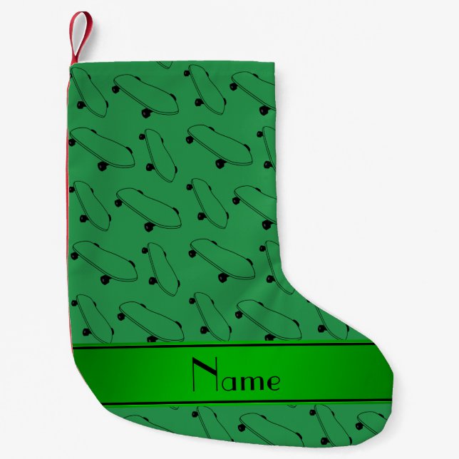 Personalized name green skateboard pattern small christmas stocking (Front)