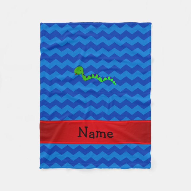Personalized name green snake blue chevrons fleece blanket (Front)