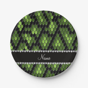 Personalized name green snake skin pattern paper plate