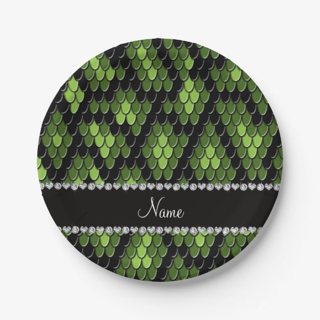 Personalized name green snake skin pattern paper plate (Front)