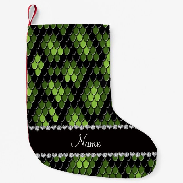 Personalized name green snake skin pattern small christmas stocking (Front)