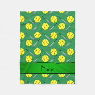 Personalized name green softball pattern fleece blanket