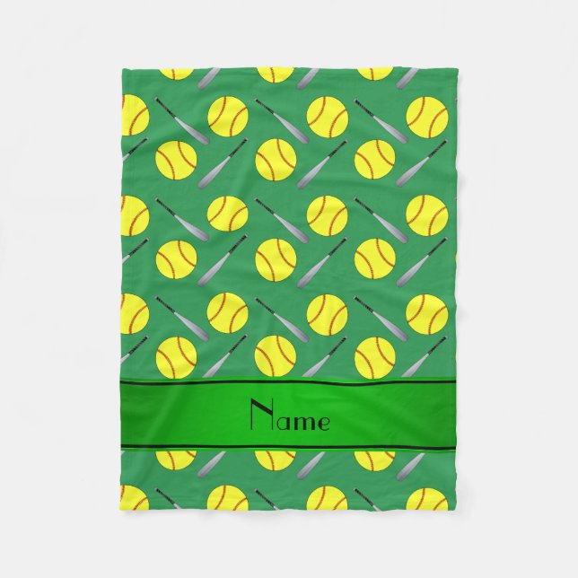 Personalized name green softball pattern fleece blanket (Front)
