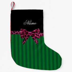 Personalized name green stripes plum leopard bow small christmas stocking