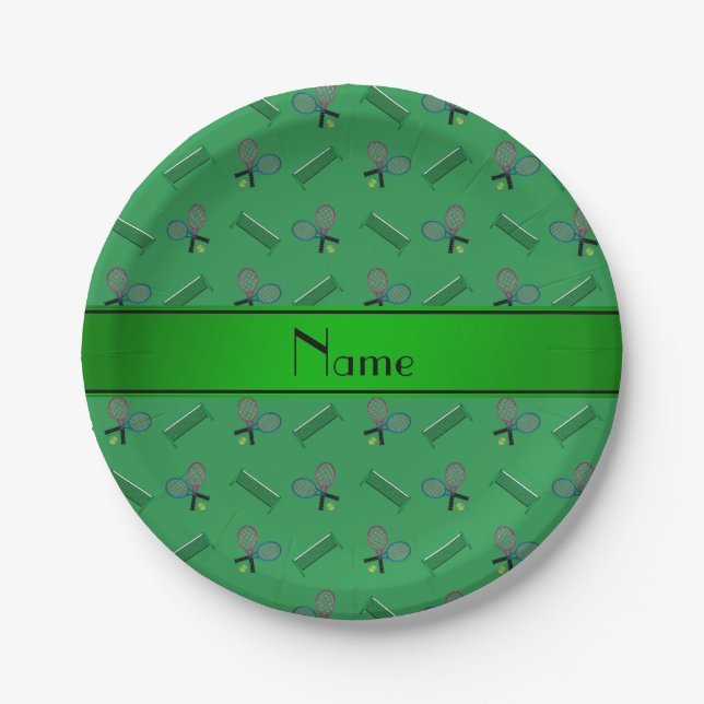 Personalized name green tennis rackets and nets paper plate (Front)